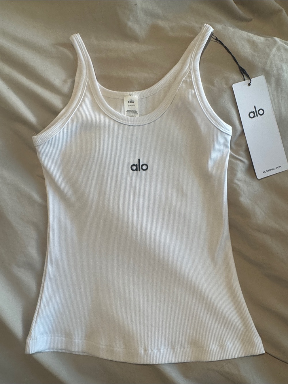 ALO Yoga White Ribbed Tank Top with Black Logo
